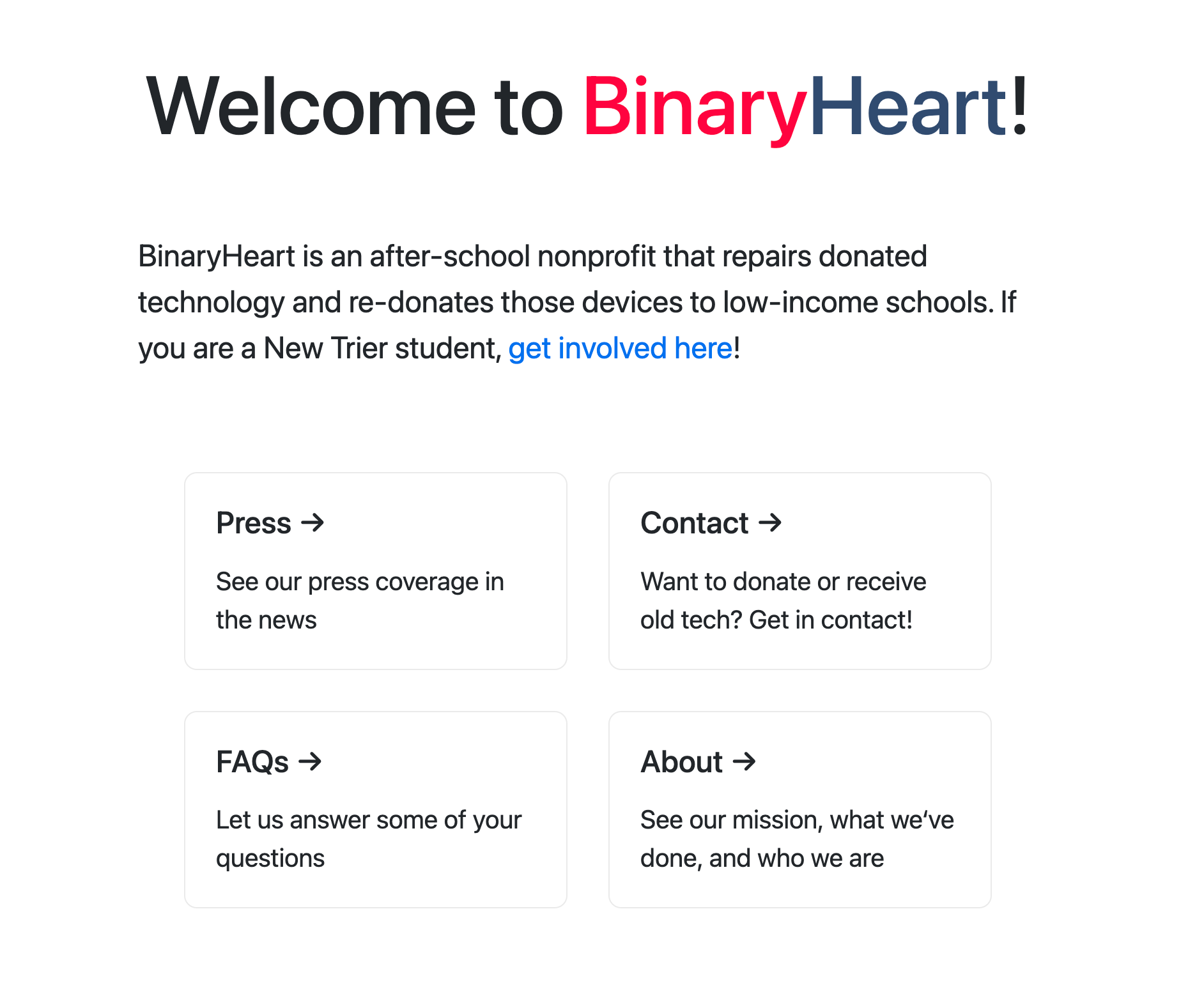 Screenshot of the binary heart website home page.